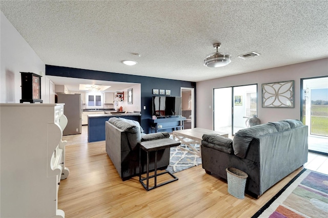 living room with a textured ceiling and light hardwood / wood-style flooring