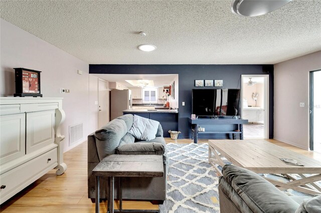 living room featuring light hardwood / wood-style floors and a textured ceiling