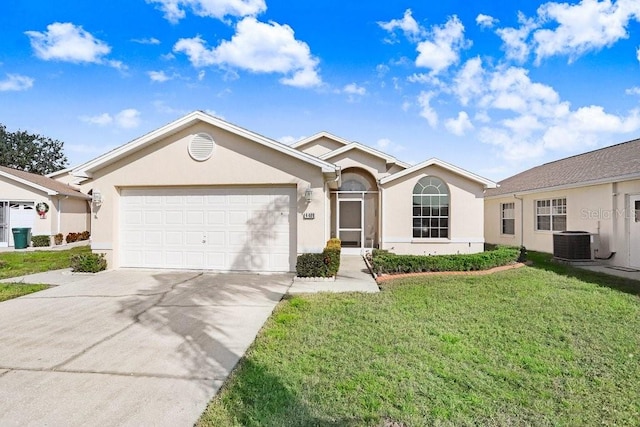 single story home featuring a garage, central air condition unit, and a front lawn