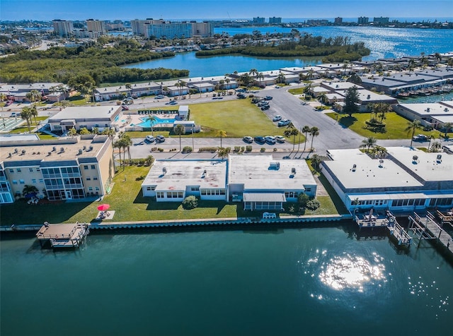 bird's eye view with a water view