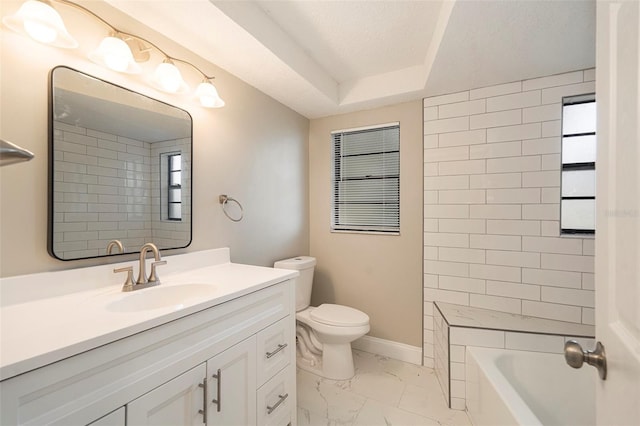 full bathroom with a textured ceiling, vanity, toilet, and independent shower and bath