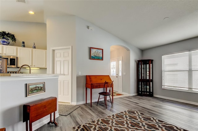 interior space featuring light wood-type flooring, lofted ceiling, and sink