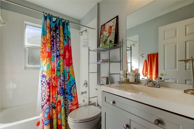 full bathroom with vanity, toilet, and shower / bathtub combination with curtain