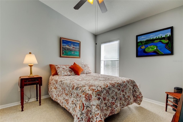 bedroom featuring carpet flooring, ceiling fan, and lofted ceiling