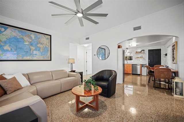 living room with ceiling fan