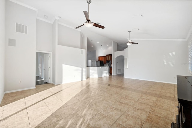 unfurnished living room featuring light tile patterned floors, high vaulted ceiling, ceiling fan, and crown molding