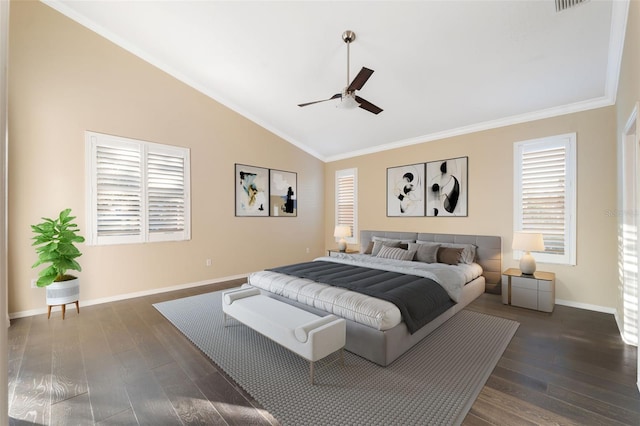 bedroom featuring dark hardwood / wood-style floors, crown molding, ceiling fan, and lofted ceiling