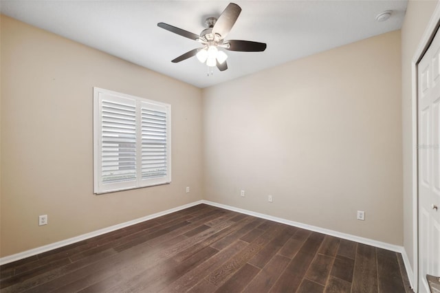 unfurnished bedroom featuring dark hardwood / wood-style flooring, a closet, and ceiling fan