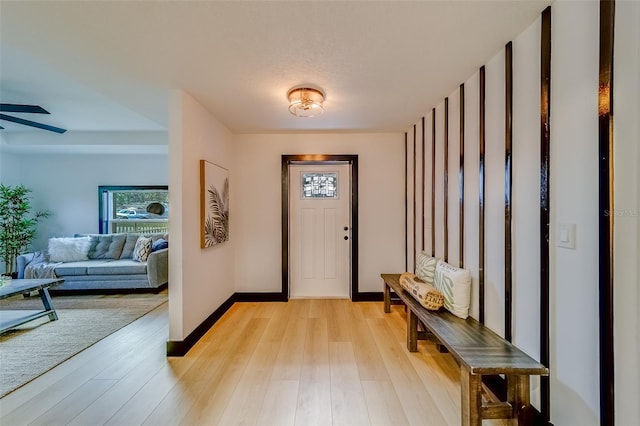 foyer with ceiling fan and light hardwood / wood-style floors