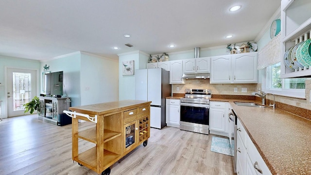 kitchen featuring white cabinetry, sink, light wood-type flooring, appliances with stainless steel finishes, and ornamental molding