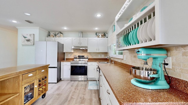 kitchen featuring white cabinets, electric stove, sink, decorative backsplash, and white fridge