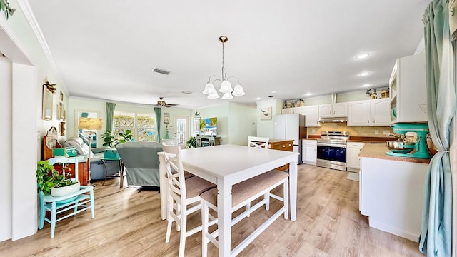 kitchen with light hardwood / wood-style flooring, backsplash, decorative light fixtures, stainless steel electric range, and white cabinets