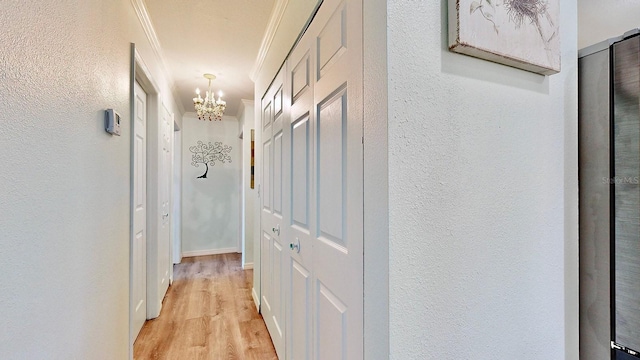 corridor with a chandelier, light hardwood / wood-style floors, and crown molding