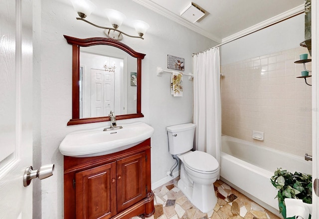 full bathroom with crown molding, shower / bath combo with shower curtain, vanity, and toilet