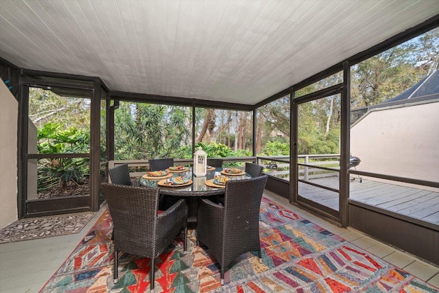 sunroom featuring wooden ceiling