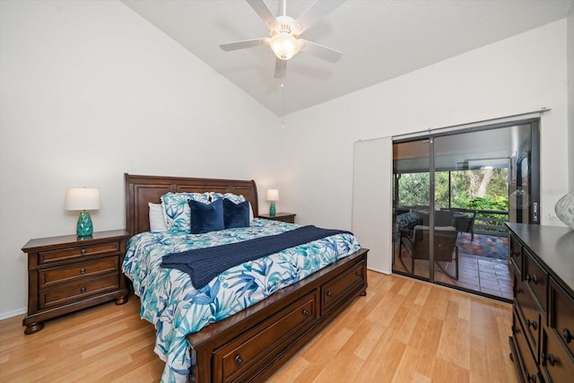 bedroom with lofted ceiling, access to outside, ceiling fan, and light hardwood / wood-style floors