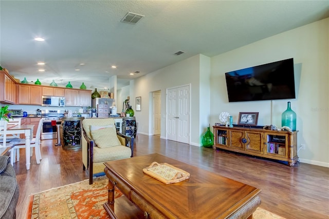 living room with dark hardwood / wood-style flooring