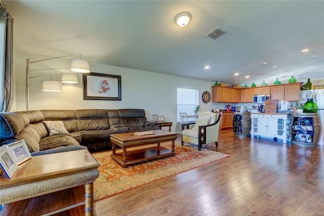 living room featuring dark wood-type flooring