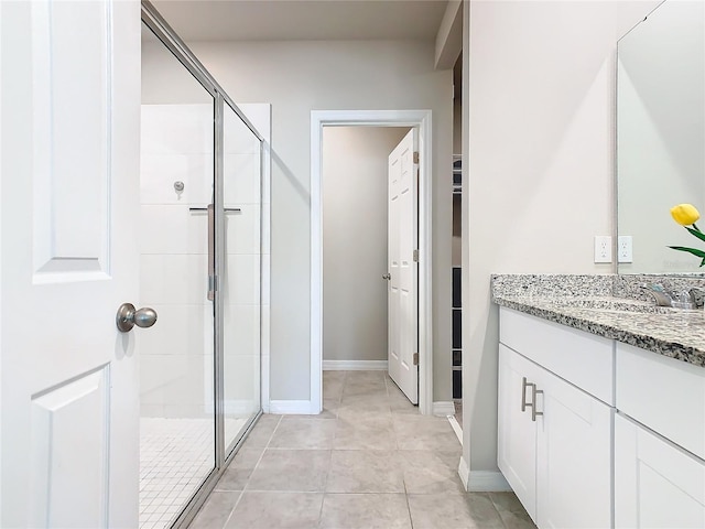 bathroom with tile patterned floors, vanity, and an enclosed shower