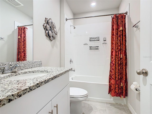 full bathroom with vanity, tile patterned flooring, shower / bathtub combination with curtain, and toilet