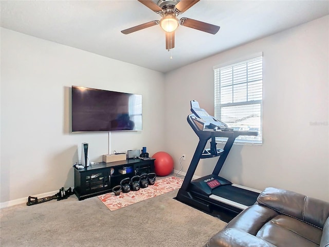 workout area with ceiling fan and carpet