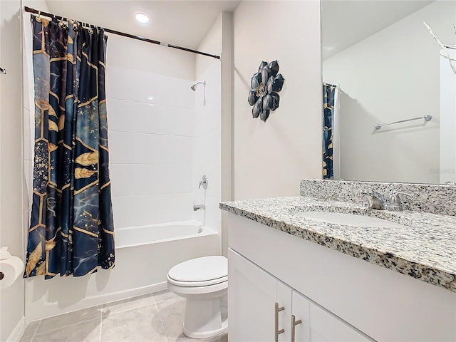 full bathroom with tile patterned floors, shower / bathtub combination with curtain, vanity, and toilet