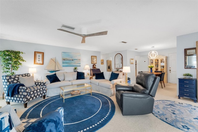 living room with light colored carpet