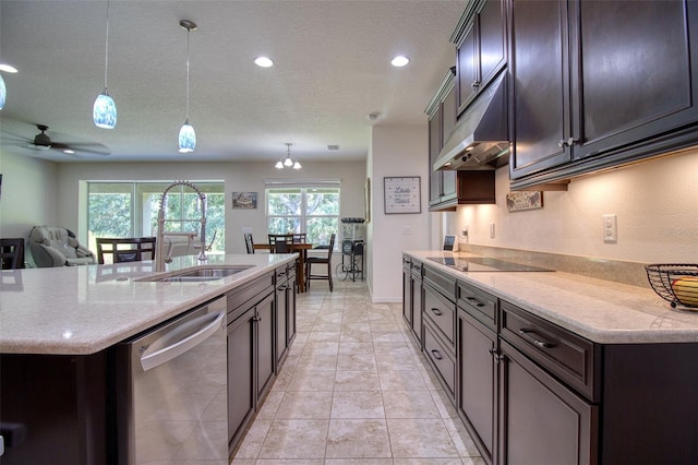 kitchen featuring stainless steel dishwasher, ceiling fan with notable chandelier, sink, and hanging light fixtures