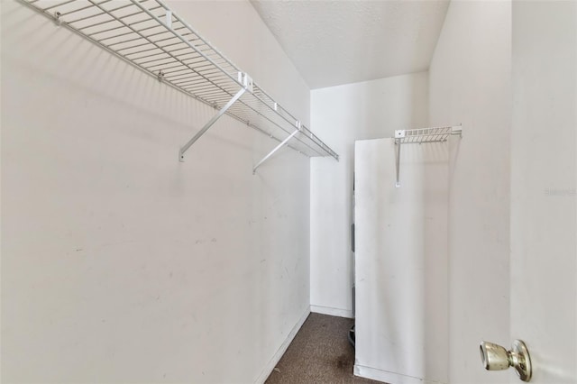 spacious closet featuring dark colored carpet