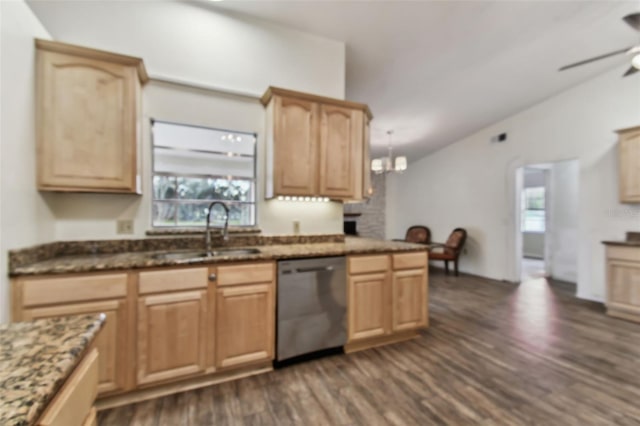 kitchen featuring dishwasher, sink, dark hardwood / wood-style floors, light brown cabinetry, and decorative light fixtures