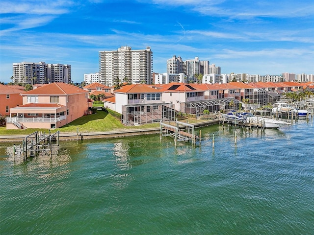 view of water feature with a boat dock