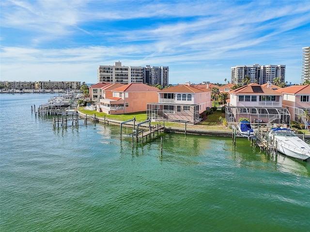 view of water feature with a boat dock