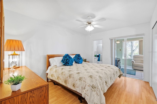 bedroom with light wood-type flooring, access to outside, and a ceiling fan