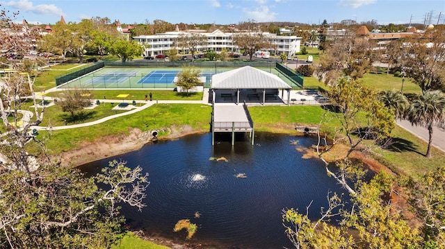 aerial view featuring a water view