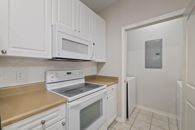 kitchen featuring white appliances, electric panel, white cabinets, light countertops, and separate washer and dryer