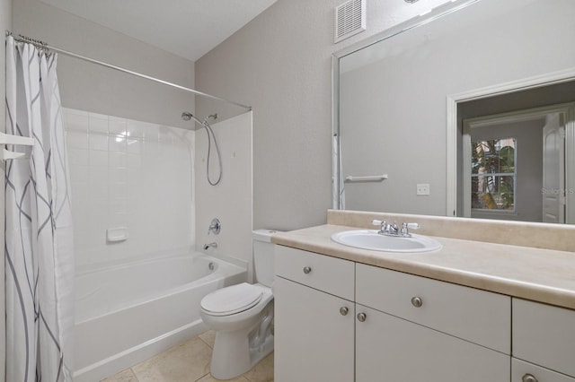 bathroom with visible vents, shower / bathtub combination with curtain, toilet, vanity, and tile patterned floors