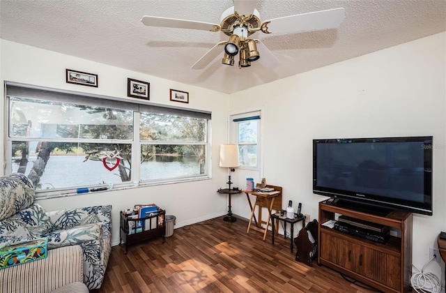 interior space featuring a textured ceiling, ceiling fan, and dark wood-type flooring