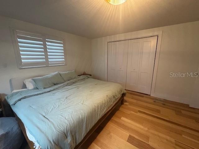 bedroom with a closet and light hardwood / wood-style flooring