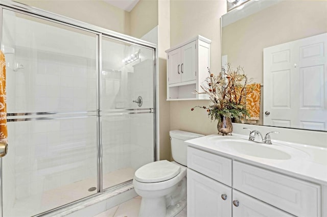 bathroom with tile patterned flooring, vanity, toilet, and walk in shower