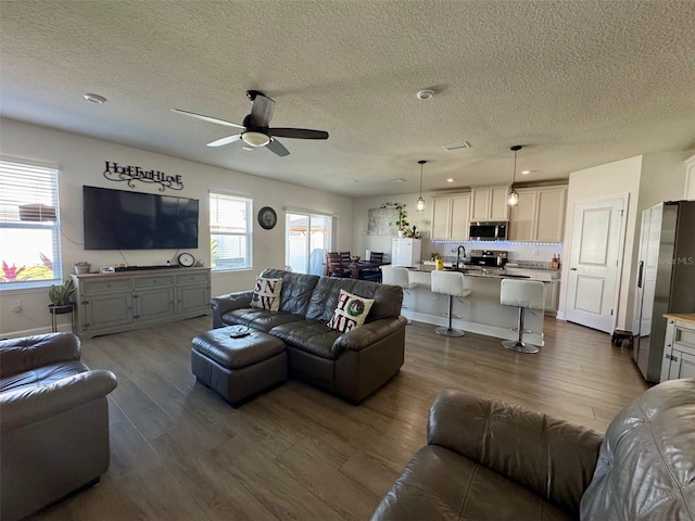 living room with hardwood / wood-style floors, ceiling fan, sink, and a textured ceiling