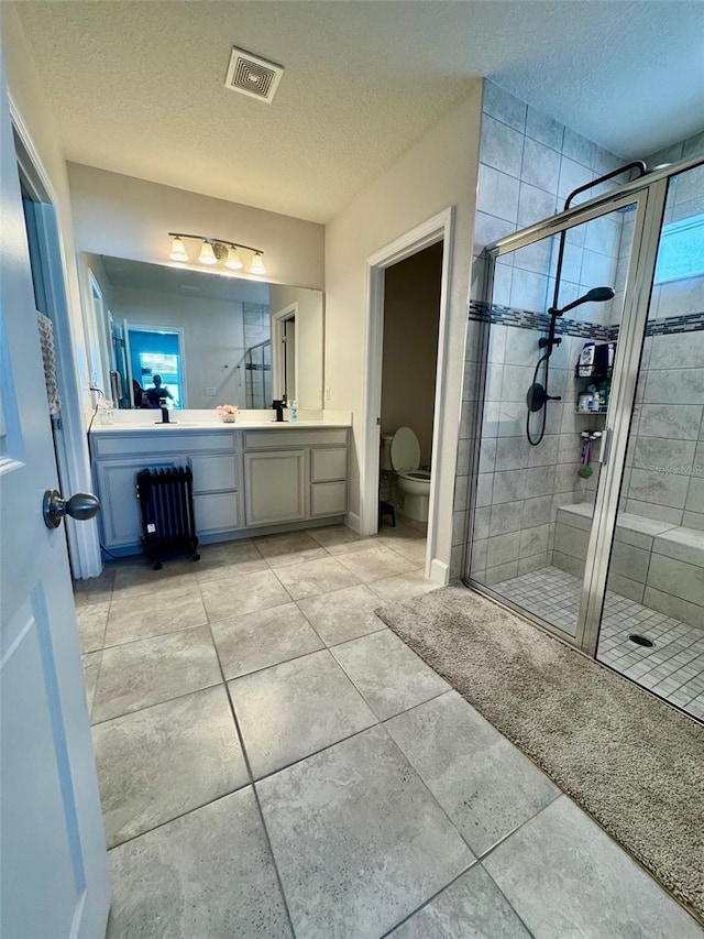 bathroom featuring a textured ceiling, vanity, toilet, and a shower with door