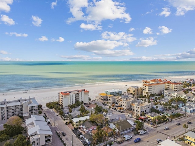 bird's eye view with a view of the beach and a water view