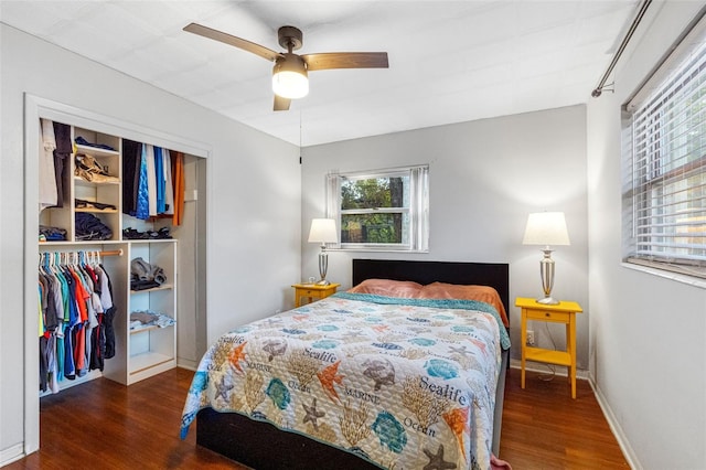 bedroom with ceiling fan, a closet, and dark hardwood / wood-style floors