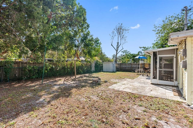 view of yard featuring a storage shed and a patio area