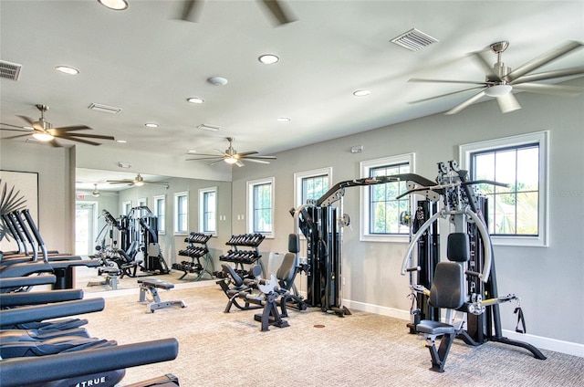 workout area featuring carpet, visible vents, baseboards, and recessed lighting