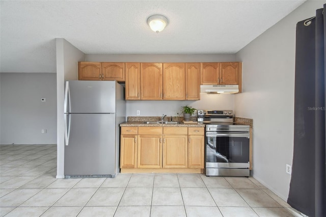 kitchen with appliances with stainless steel finishes, a textured ceiling, dark stone countertops, and sink