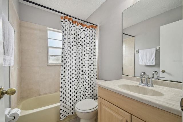 full bathroom featuring vanity, shower / bath combo, toilet, and a textured ceiling