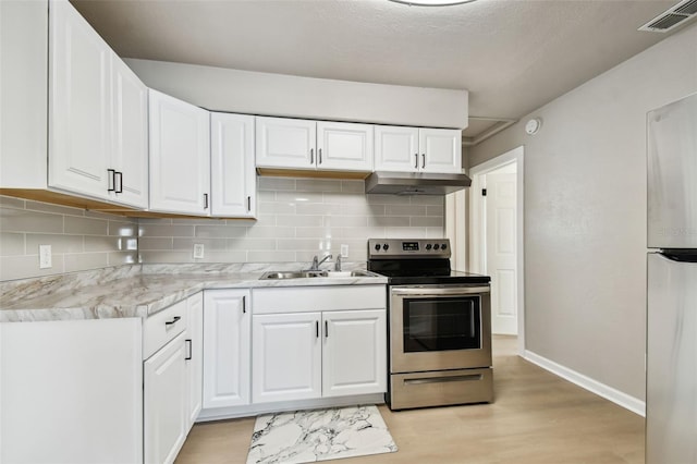 kitchen with electric range, white cabinetry, sink, and exhaust hood