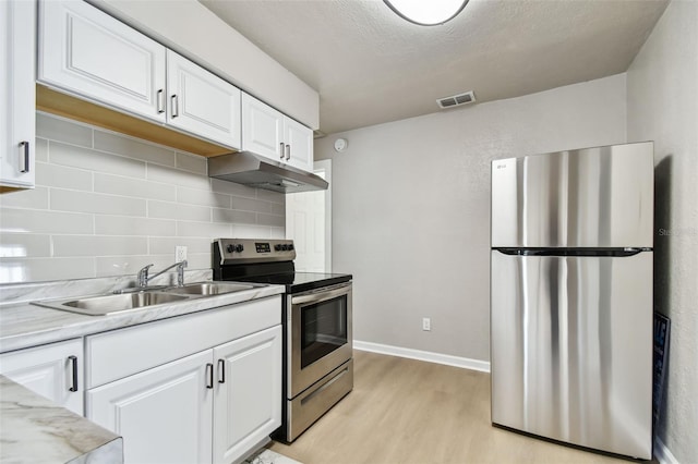 kitchen featuring white cabinetry, sink, decorative backsplash, appliances with stainless steel finishes, and light wood-type flooring