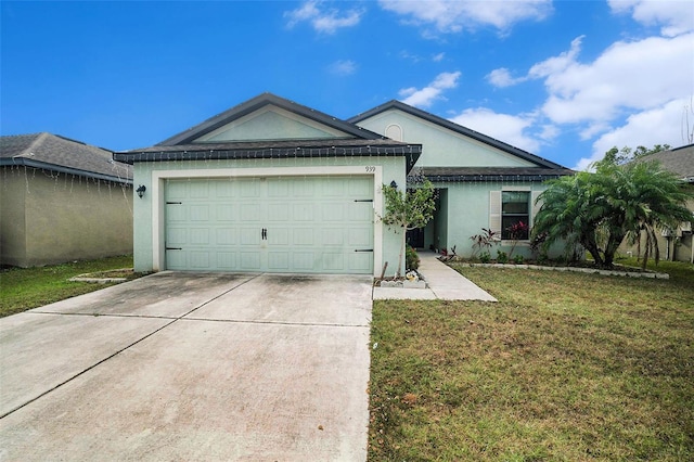 ranch-style house featuring a garage and a front lawn